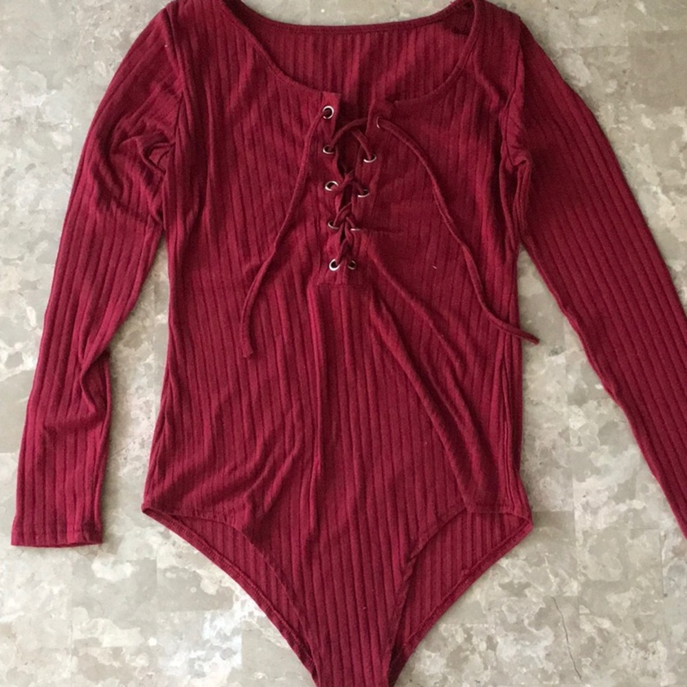 🔥Maroon Red Laced Up Ribbed Bodysuit🔥